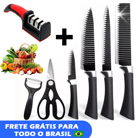 Kit De Facas Multiuso Cozinha C/ 6 Peças Antiaderentes + Amolador